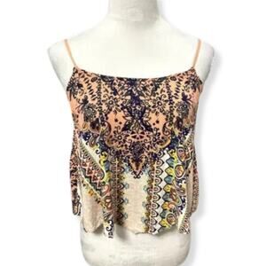 Eyelash Camisole Top Geometric Print Scoop Neck Spaghetti Straps Multicolor W XS